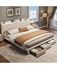 gaomon King Size Bed Frame with Storage, Velvet Upholstered Platform Bed Frame with Crystal Tufted Headboard, Charging Station