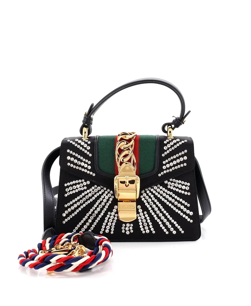 Pre-Owned Gucci Mini Sylvie Top Handle Bag Crystal Embellished Satin