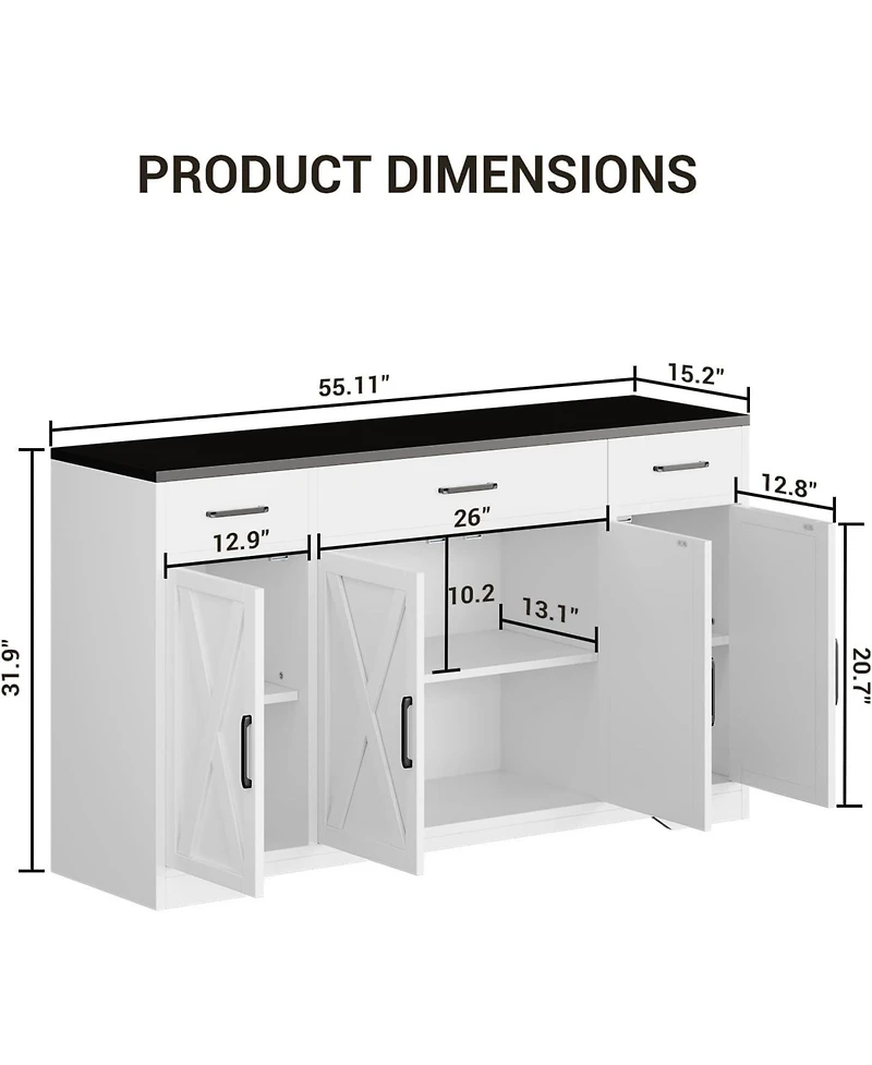 homfan Buffet Sideboard Cabinet with 3 Drawers, Storage Shelves and Doors for Kitchen, Dining Room, Living Room