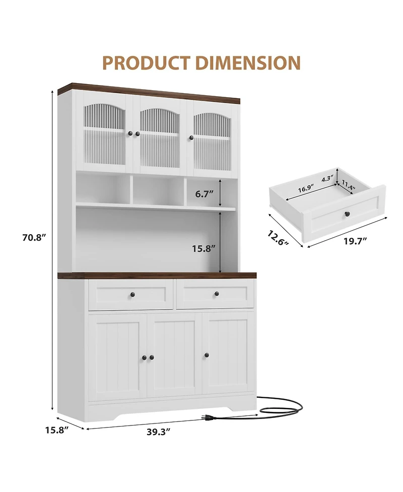 homfan 71" Tall Pantry Cabinet with Charging Station, Fluted Glass and Drawers, Farmhouse Kitchen Hutch for Living Room