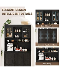 homfan Tall Kitchen Pantry Cabinet with Hutch, 71'' Storage, Glass Doors, Built-in Charging Station, Dining Room Wine Rack and Cupboard