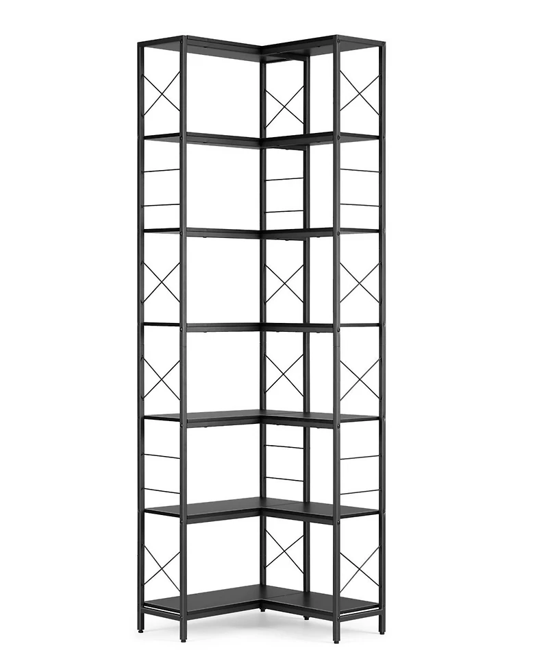 homfan 7-Tier Industrial Corner Bookshelf Freestanding L-Shaped Metal and Wood Bookcase with Adjustable Feet Space-Saving Display Storage Rack