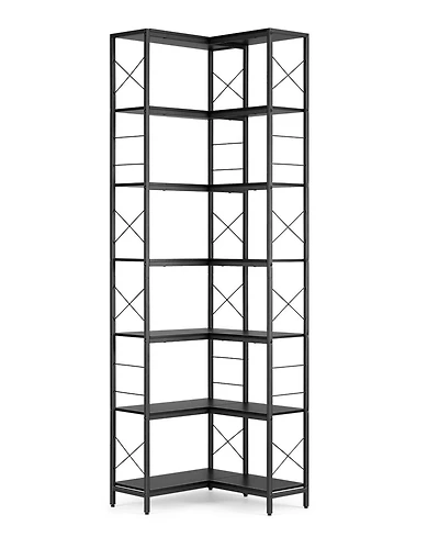 homfan 7-Tier Industrial Corner Bookshelf Freestanding L-Shaped Metal and Wood Bookcase with Adjustable Feet Space-Saving Display Storage Rack