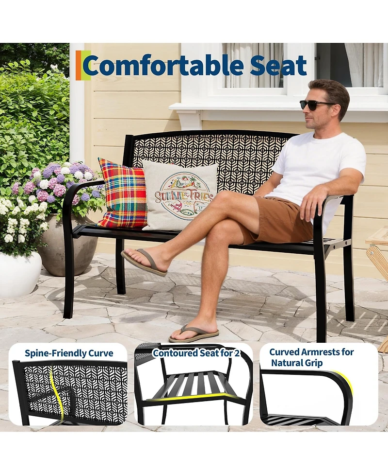 GarveeLife 50" Outdoor Metal Garden Bench, Patio Steel Bench with Curved Backrest, Decorative Pattern, Weather-Resistant Porch for Yard, Park