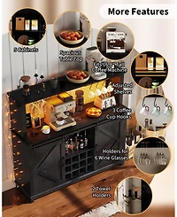 homfan 55 Inch 2-Tier Farmhouse Coffee Bar Cabinet with Power Outlet, Led Light, Removable Wine Rack, Sliding Barn Door, Buffet