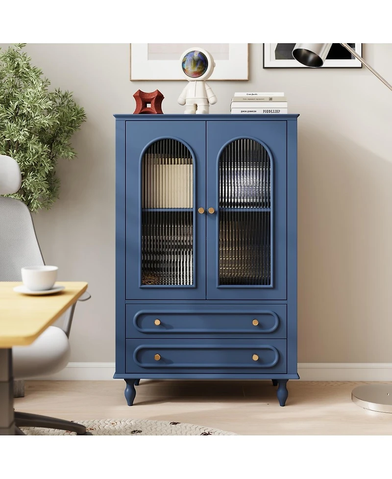 Streamdale Furniture 46.5'' Ribbed Glass Display Cabinet with 2 Drawers