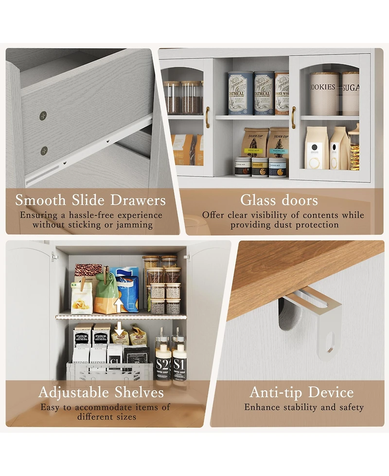 homfan Tall Kitchen Pantry Cabinet with Led Lights and Charging Station,Storage Hutch,Countertop,3 Drawers,4 Doors,Adjustable Shelves,Coffee Bar