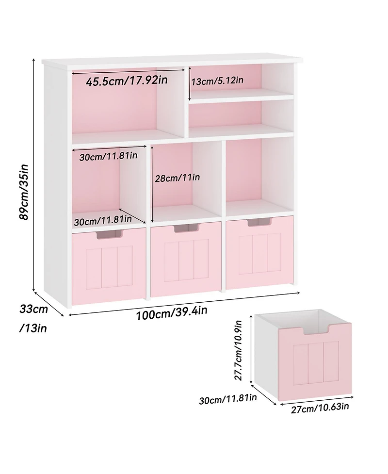 homfan Kids Storage Cabinet with 3 Drawers and 6 Cubes, Bookshelf Toy Organizer with Hidden Wheels, for Bedroom, Playroom and Nursery