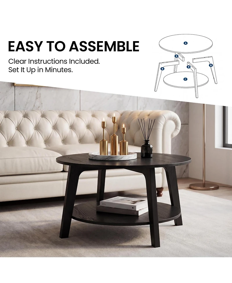 gaomon Round Coffee Table with Storage, 2-Tier Modern Circle Coffee Table for Living Room, Wooden Accent Table with Curved Legs, 31.5"X17.7"