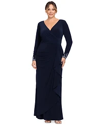 Betsy & Adam Plus Beaded-Sleeve Side-Ruffle Maxi Dress