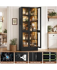 5-Tier Tall Display Cabinet with Glass Doors, 80" Bookcase Led Light