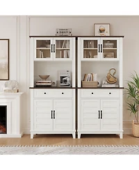homfan 72" Kitchen Pantry Cabinet with Drawers and Glass Doors, Farmhouse Hutch with Storage, Microwave Stand for Kitchen and Dining Room