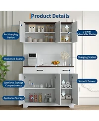 homfan 71-Inch Tall Pantry Cabinet with Built-In Charging Station, Microwave Stand and Drawers,Farmhouse Kitchen Hutch for Dining Room and Living Room