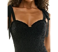 City Studios Juniors' Glitter-Lace Tie-Shoulder Sweetheart Gown