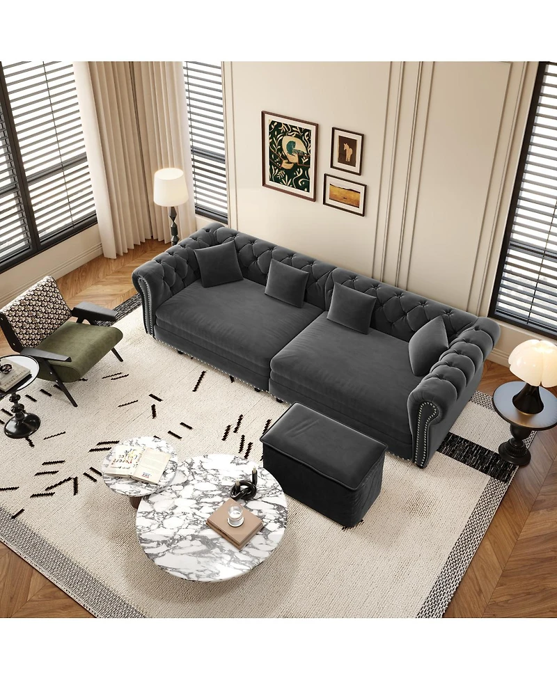 Streamdale Furniture Chesterfield 3-in-1 Velvet Pull-Out Sleeper Sofa with Movable Ottoman