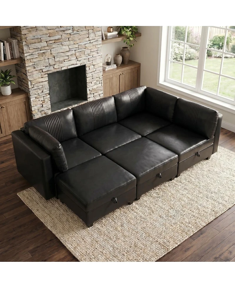 Streamdale Furniture Flexible 6-Seat Modular Pu Sofa with Storage and Sleeper Function