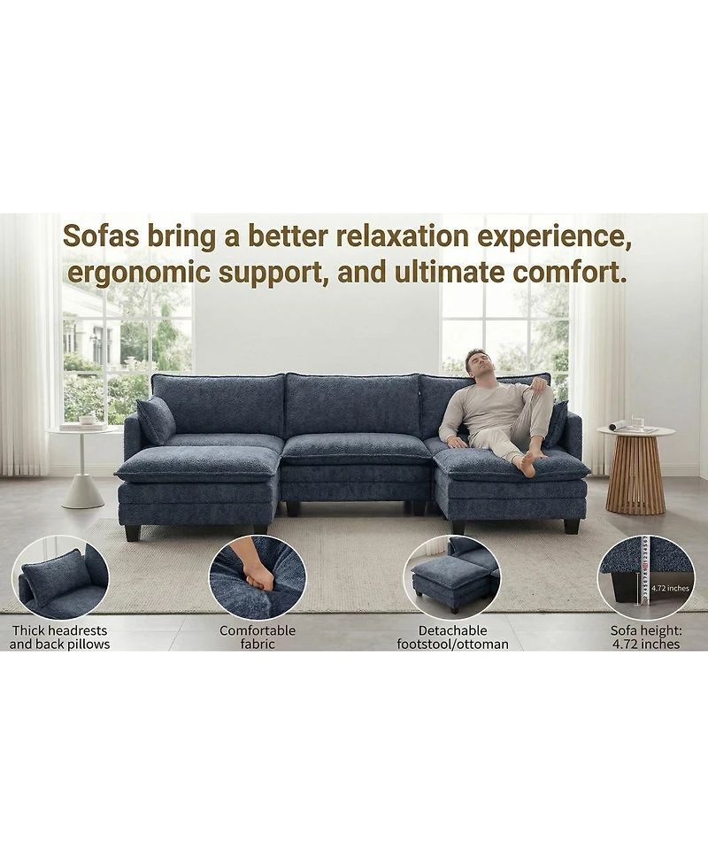 Streamdale Furniture Modern Chenille 3-Seat Sofa with Ottoman, Usb Ports and Side Pockets