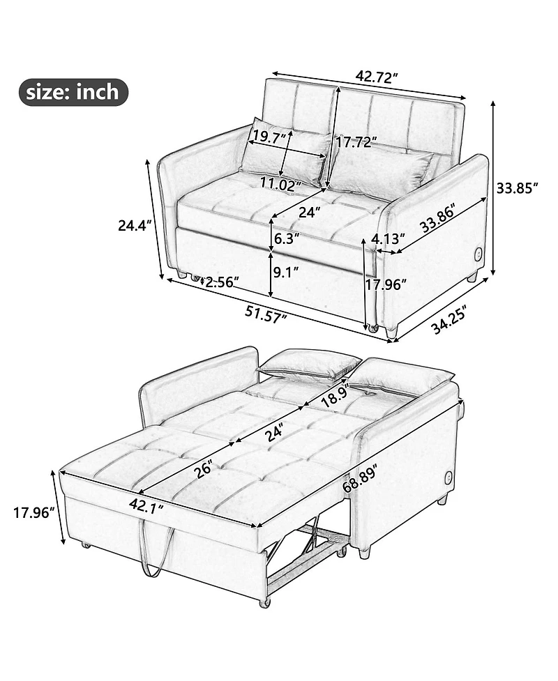 Streamdale Furniture Orisfur 51.57" Convertible Sleeper Bed and Adjustable Armchair with Usb