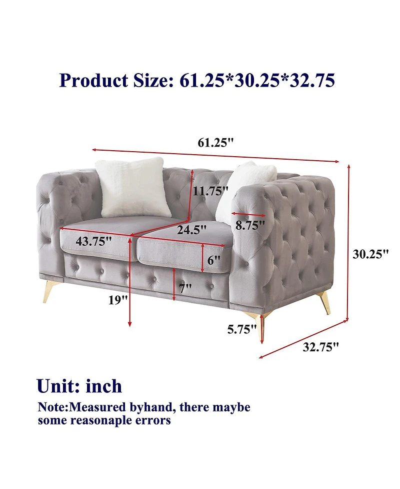 Streamdale Furniture Classic Modern 61.25-Inch Velvet Chesterfield Sofa with 2 Pillows