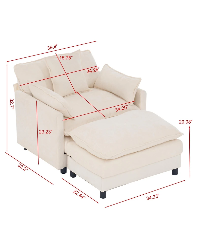 Clihome 39.4" Modern Chenille Accent Chair with Footrest, Single Lounge Pillow Armrest