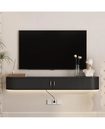 Streamdale Furniture 69" Modern Floating Tv Stand with 16-Color Led Lights and Sliding Doors