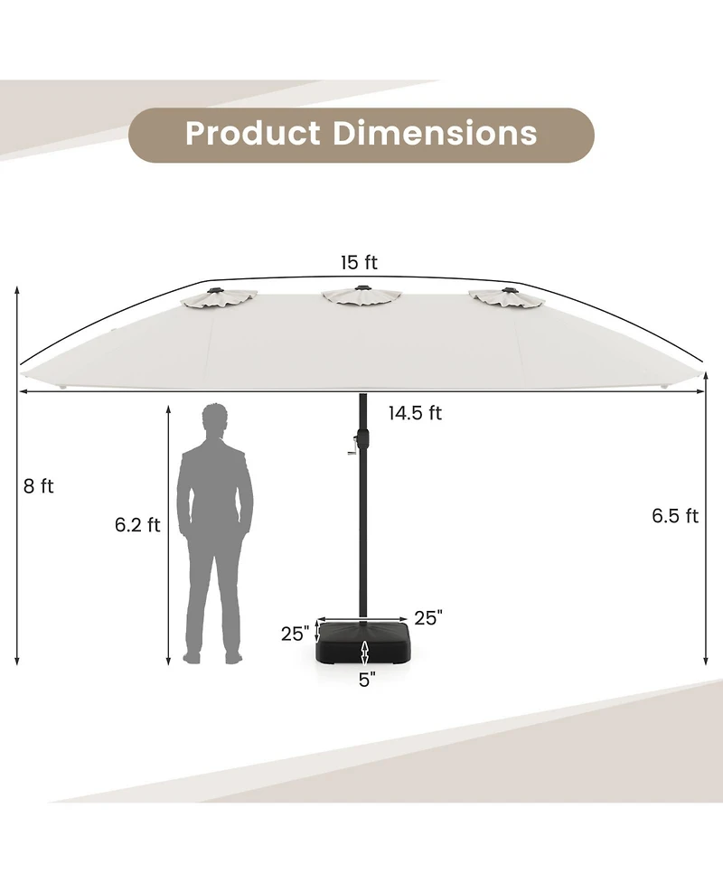 Sugift 15 feet Double-Sided Twin Patio Umbrella with Hand Crank and Weighted Cross Base