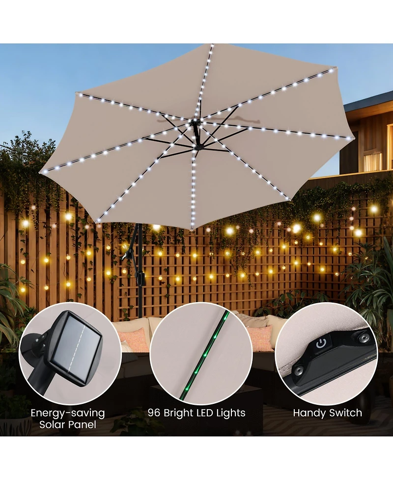 Sugift 10 Feet Solar Offset Hanging Umbrella with Base and Led Lights