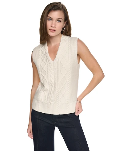 Dkny Jeans Women's Cable Knit V-Neck Hi-Low Sweater