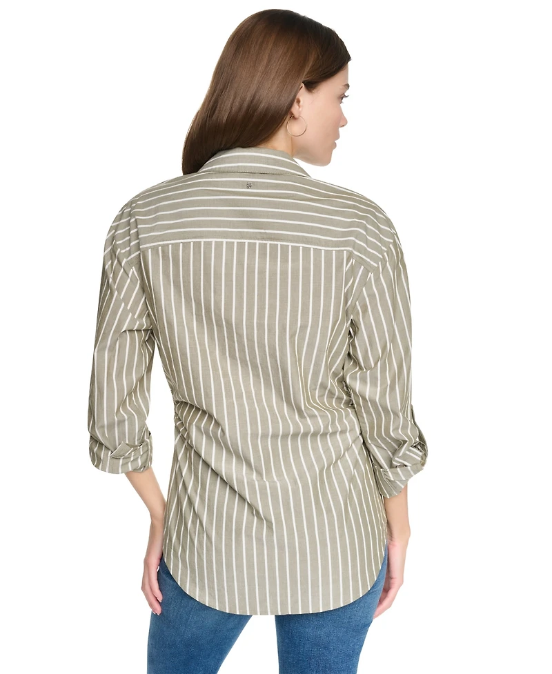 Dkny Jeans Women's Ruched Roll-Tab Sleeve Button-Front Shirt