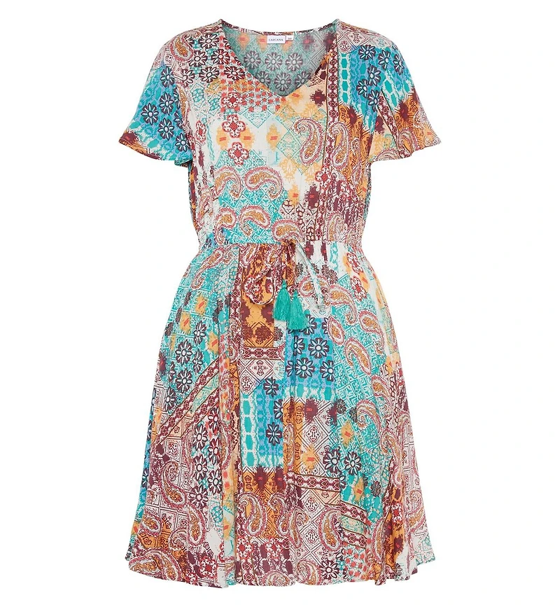 Lascana Women's Patchwork Print V-Neck Dress