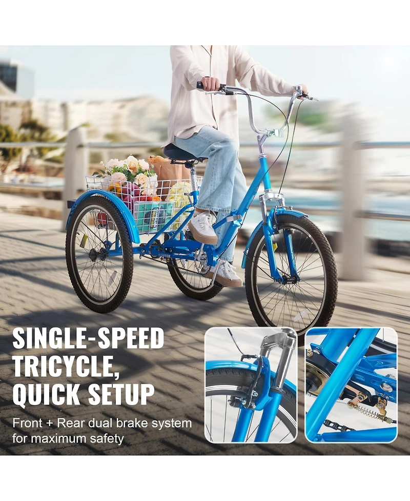 Vevor Folding Adult Tricycle 24" Adult 3-Wheel Folding Trikes Carbon Steel Blue