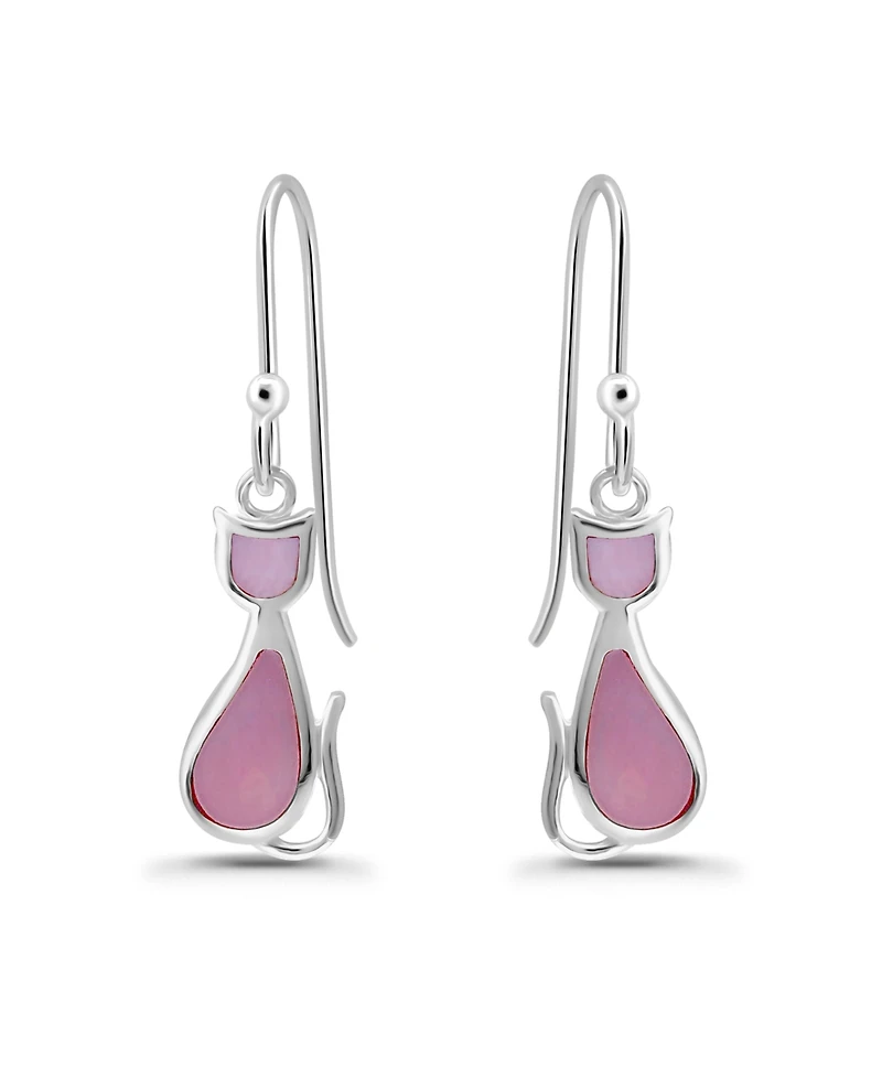 Macy's Pink Shell Inlay Fine Silver-Plated Cat Fishhook Drop Earrings