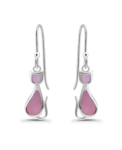 Macy's Pink Shell Inlay Fine Silver-Plated Cat Fishhook Drop Earrings