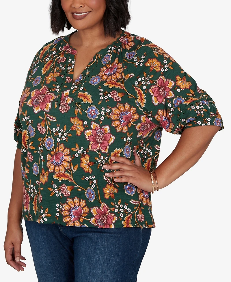 Ruby Rd. Plus Floral Vines Printed Cotton Knit Top