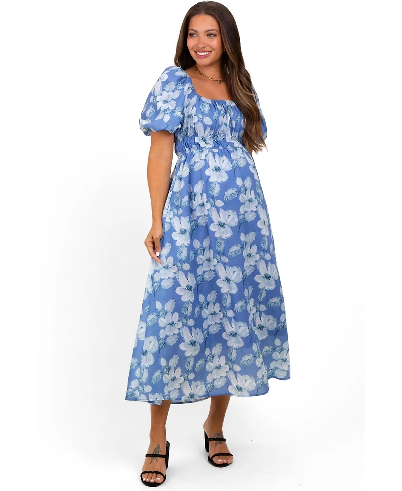 Pinkblush Women's Blue Multi Printed Floral Square Neck Midi Dress