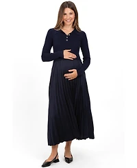 Pinkblush Women's Navy Collared Knit Contrast Pleated Skirt Midi Dress