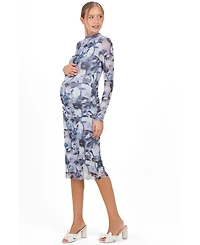 Pinkblush Women's Blue Floral Mesh Long Sleeve Midi Dress