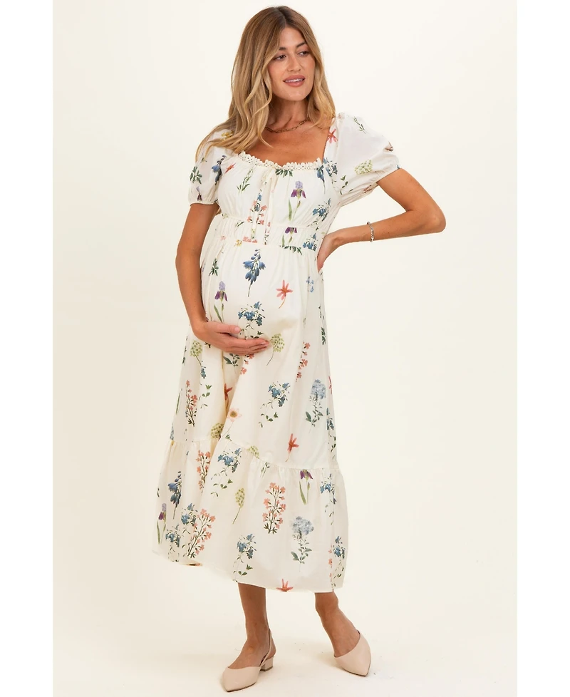 Pinkblush Women's Ivory Floral Puff Sleeve Midi Dress