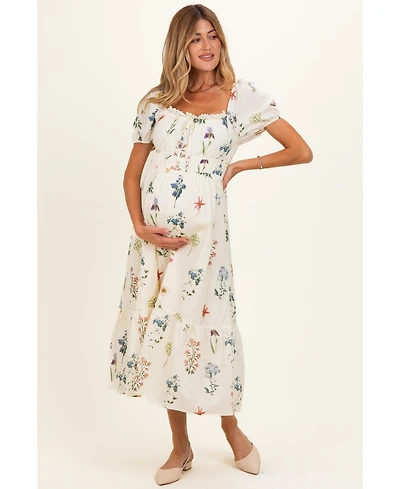 Pinkblush Women's Ivory Floral Puff Sleeve Midi Dress