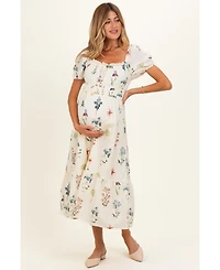 Pinkblush Women's Ivory Floral Puff Sleeve Midi Dress