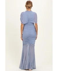 Pinkblush Women's Blue Draped Bodice Ruched Mesh Maxi Dress