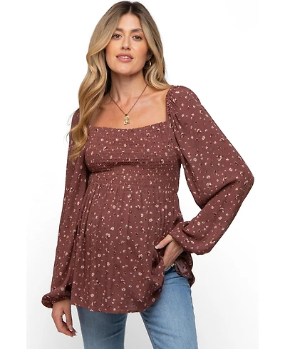 Pinkblush Women's Brown Floral Smocked Long Sleeve Top