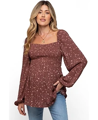 Pinkblush Women's Brown Floral Smocked Long Sleeve Top