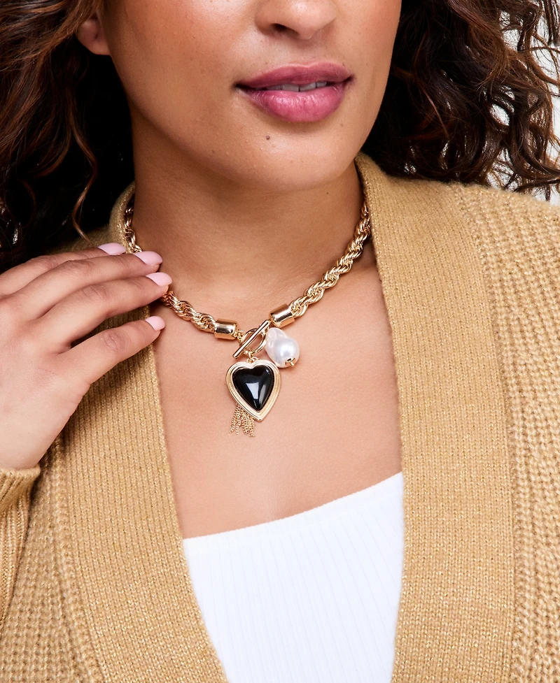 I.n.c. International Concepts Heart, Imitation Pearl & Chain Tassel Statement Necklace, 16-1/2" + 3" extender, Macy's Exclusive