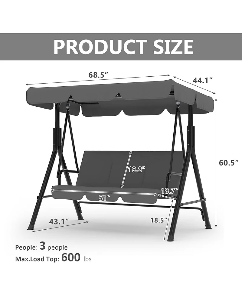 homfan Outdoor Porch Swing with Adjustable Canopy and Stand, 3-Seat Grey Patio Swing Chair for Garden