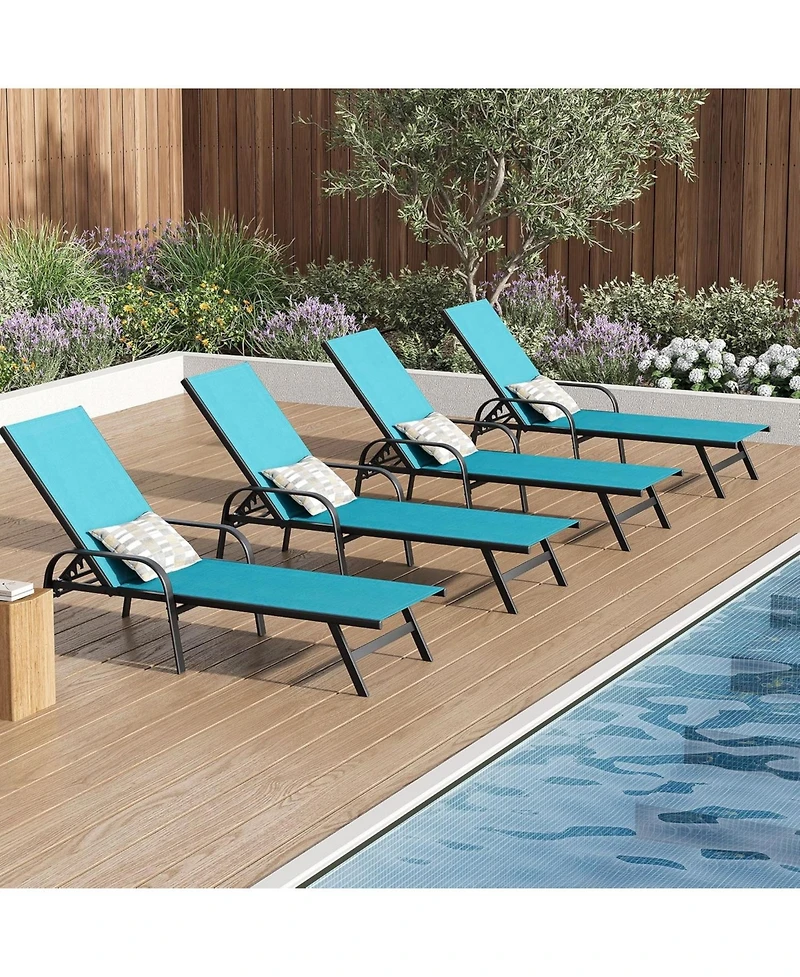 homfan Set of 4 Sky Blue Outdoor Lounge Chairs, Adjustable Patio Recliner with 5-Position Backrest and Textilene Fabric