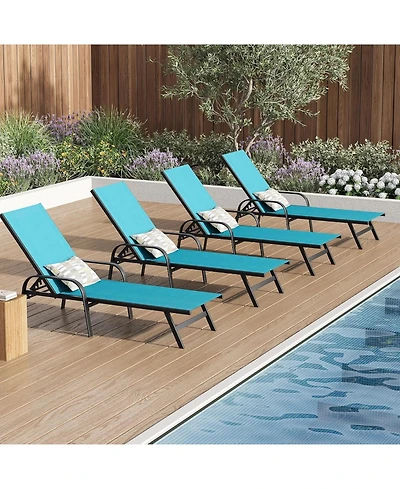 homfan Set of 4 Sky Blue Outdoor Lounge Chairs, Adjustable Patio Recliner with 5-Position Backrest and Textilene Fabric