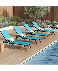 homfan Set of 4 Sky Blue Outdoor Lounge Chairs, Adjustable Patio Recliner with 5-Position Backrest and Textilene Fabric
