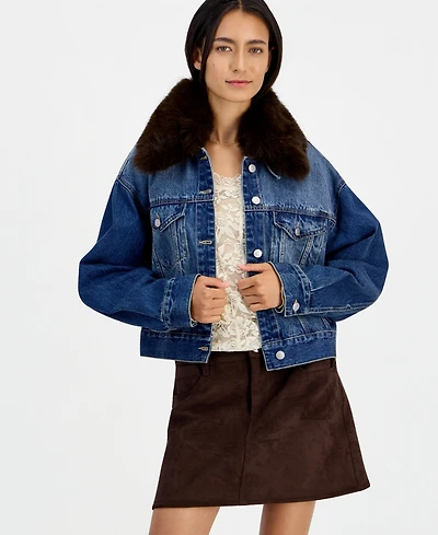 And Now This Women's Removable Faux-Fur Collar Denim Cropped Jacket, Macy's Exclusive