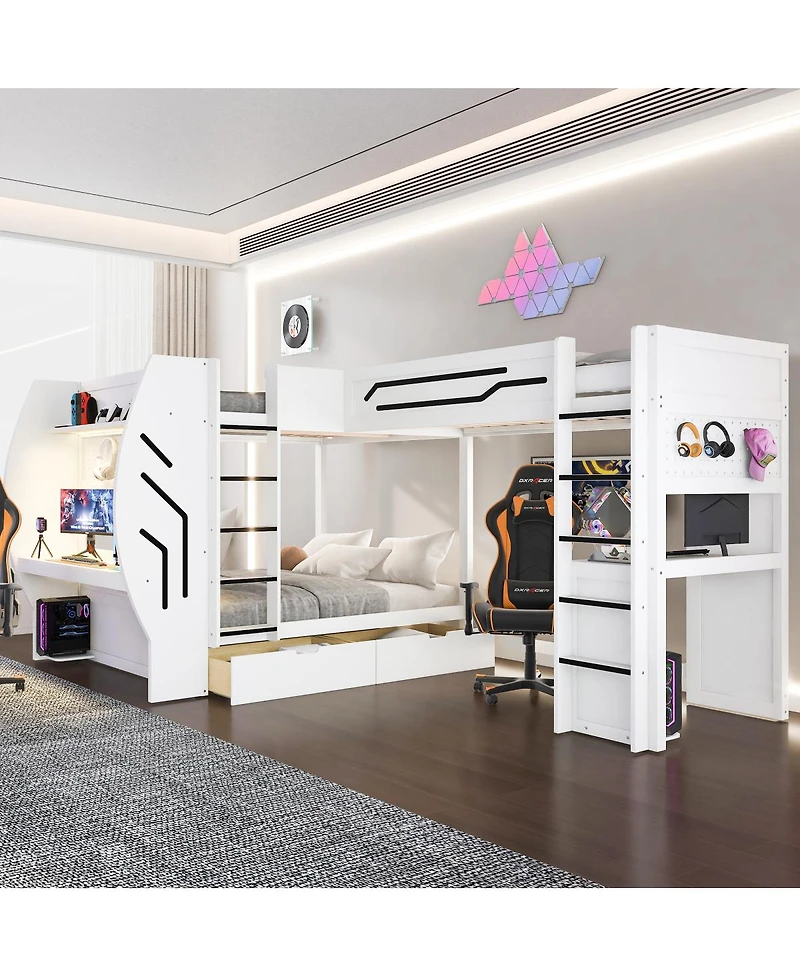 Streamdale Furniture L-Shaped 3-in-1 Gaming Bunk Bed with Desks, Charging Station and Storage